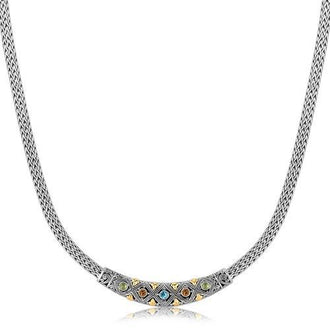 18k Yellow Gold and Sterling Silver Wheat Chain Necklace with Multi Gem Accents, size 18''