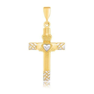 14k Two-Tone Gold Cross Pendant with a Claddagh Motif