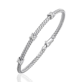Basket Weave Bangle with Cross Diamond Accents in 14k White Gold (4.0mm), size 7.25''