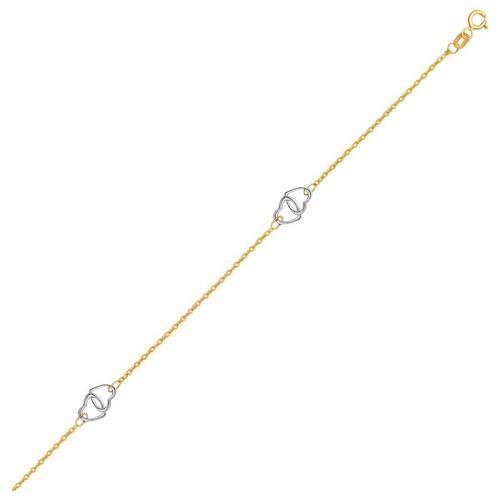 14k Two Tone Gold Entwined Heart Stationed Anklet, size 10''