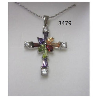 Rhodium Plated Cross Pendant with Multi Color CZ on 18" Chain in a Gift Box