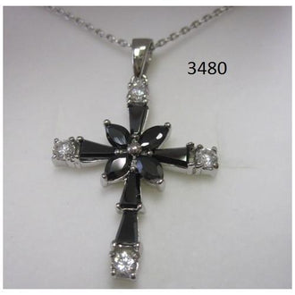 Rhodium Plated Cross Pendant with Black CZ on 18" Chain in a Gift Box