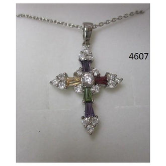 Rhodium Plated Cross Pendant with Multi Color Baguette CZ on 18" Chain in a Gift Box