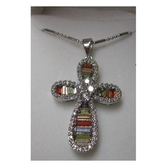 Rhodium Plated Cross Pendant with Multi Color Baguette CZ on 18" Chain in a Gift Box