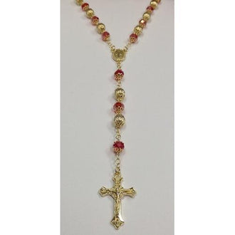 Gold Electroplated Rosary 24"-26" with Red Colored Crystals in a Red Pouch