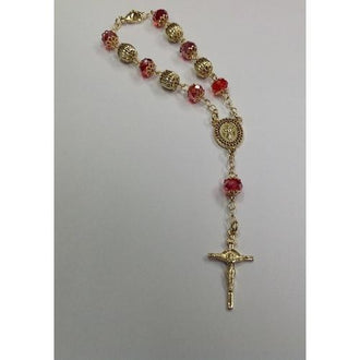 Gold Electroplated 7 1/2" Rosary Bracelet with Red Crystal in a Red Pouch