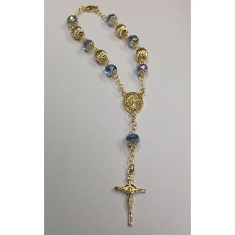 Gold Electroplated 7 1/2" Rosary Bracelet with Turqoise Crystal in a Red Pouch