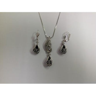 Black and Clear CZ Necklace and Earring Set Rhodium Plated in Gift Box