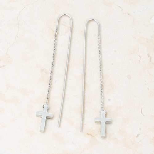 Marylou Rhodium Stainless Steel Cross Threaded Drop Earrings