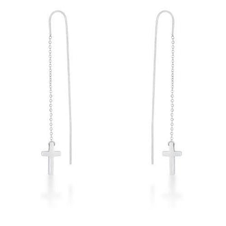 Marylou Rhodium Stainless Steel Cross Threaded Drop Earrings