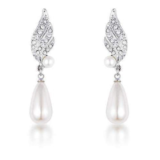 Rhodium Plated Simulated Pearl and Crystal Bridal Drop Earrings