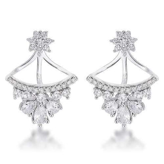 2Ct Rhodium Plated CZ Floral Stud Chandelier Illusion Ear Jacket