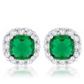 Liz 2ct Emerald CZ Rhodium Classic Cushion Stud Earrings