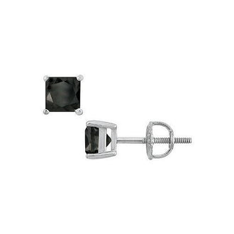 14K White Gold : Princess Cut Black Diamond Stud Earrings  2.50 CT. TW.