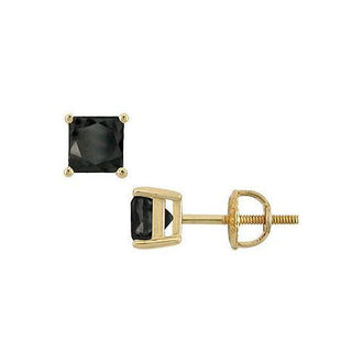 14K Yellow Gold : Princess Cut Black Diamond Stud Earrings  3.00 CT. TW.
