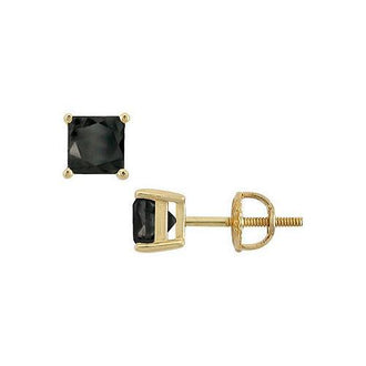 14K Yellow Gold : Princess Cut Black Diamond Stud Earrings  3.50 CT. TW.