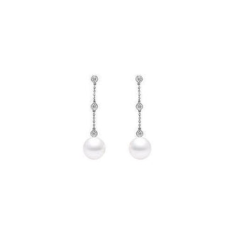 Cultured Akoya Pearl and Diamond Drop Earrings : 14K White Gold - 0.25 CT Diamonds