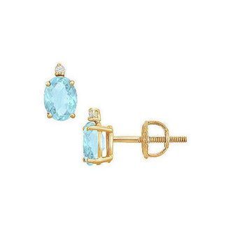 Diamond and Aquamarine Stud Earrings : 14K Yellow Gold - 2.04 CT TGW