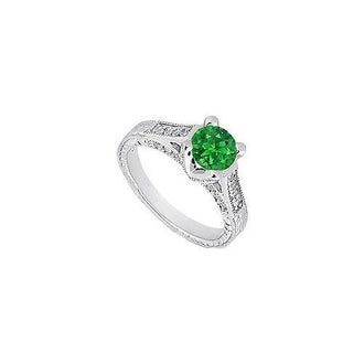 Emerald and Diamond Engagement Ring : 14K White Gold - 1.00 CT TGW