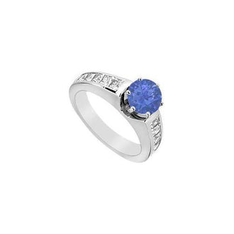 Diamond and Natural Blue Sapphire Engagement Ring 0.80 Carat TGW in 14K White Gold