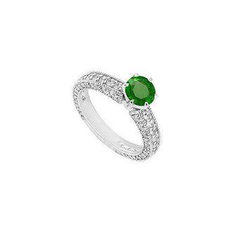 Emerald and Diamond Engagement Ring : 14K White Gold - 1.50 CT TGW