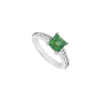 Emerald and Diamond Engagement Ring : 14K White Gold - 1.00 CT TGW