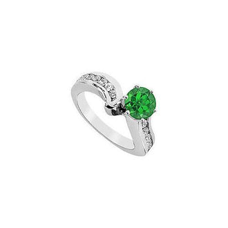 Emerald and Diamond Engagement Ring : 14K White Gold - 1.50 CT TGW