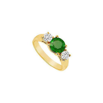 Three Stone Emerald and Diamond Ring : 14K Yellow Gold - 0.75 CT TGW