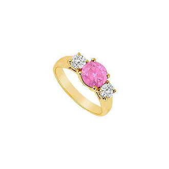 Three Stone Pink Sapphire and Diamond Ring : 14K Yellow Gold - 0.75 TGW