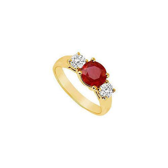 Three Stone Ruby and Diamond Ring : 14K Yellow Gold - 0.75 CT TGW