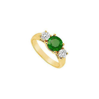 Three Stone Emerald and Diamond Ring : 14K Yellow Gold - 1.00 CT TGW