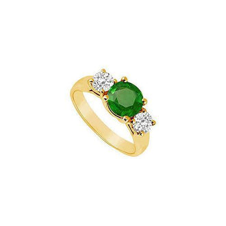 Three Stone Emerald and Diamond Ring : 14K Yellow Gold - 1.25 CT TGW