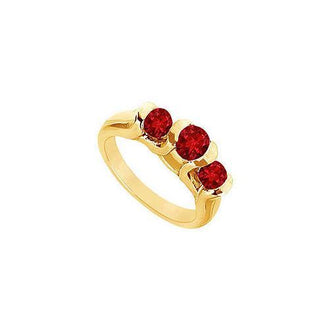 Three Stone Ruby Ring : 14K Yellow Gold - 1.00 CT TGW