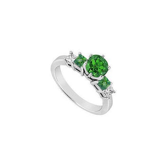 Diamond and Emerald Engagement Ring : 14K White Gold - 1.50 CT TGW