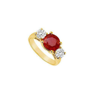 Three Stone Ruby and Diamond Ring : 14K Yellow Gold - 3.00 CT TGW