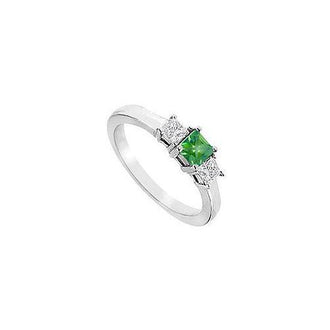 Three Stone Emerald Diamond Engagement Ring : 14K White Gold - 1.00 CT TGW