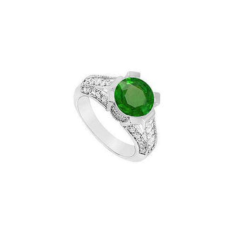 Emerald and Diamond Engagement Ring : 14K White Gold - 1.00 CT TGW