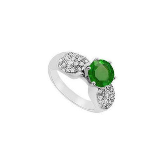 Emerald and Diamond Engagement Ring : 14K White Gold - 1.50 CT TGW