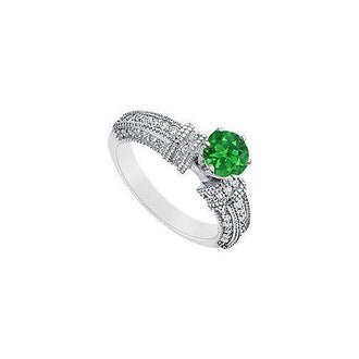 Emerald and Diamond Engagement Ring : 14K White Gold - 1.00 CT TGW