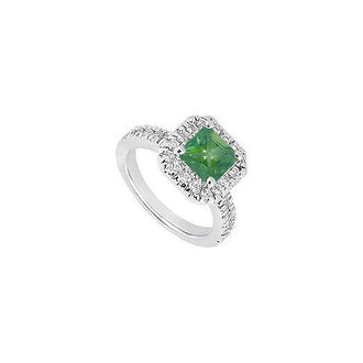 Emerald and Diamond Engagement Ring : 14K White Gold - 1.00 CT TGW