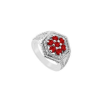 Ruby and Diamond Flower Ring : 14K White Gold - 1.50 CT TGW