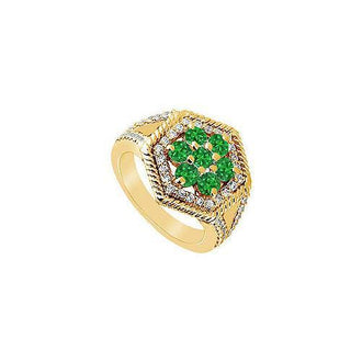 Emerald and Diamond Flower Ring : 14K Yellow Gold - 1.50 CT TGW