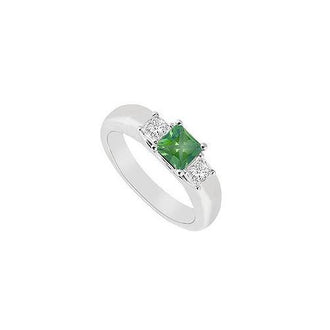 Three Stone Emerald and Diamond Ring : 14K White Gold - 0.25 CT TGW