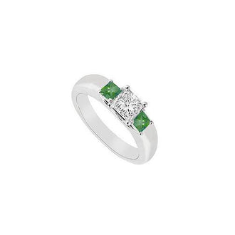 Three Stone Diamond and Emerald Ring : 14K White Gold - 0.25 CT TGW