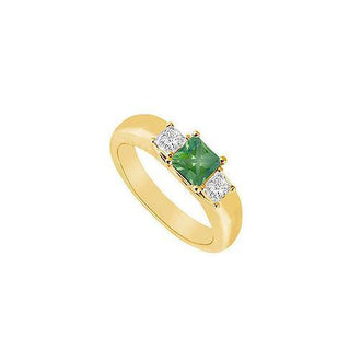 Three Stone Emerald and Diamond Ring : 14K Yellow Gold - 0.25 CT TGW