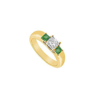 Three Stone Diamond and Emerald Ring : 14K Yellow Gold - 0.25 CT TGW