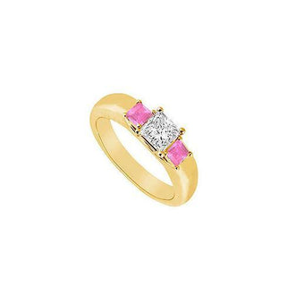 Three Stone Diamond and Pink Sapphire Ring : 14K Yellow Gold - 0.25 CT TGW