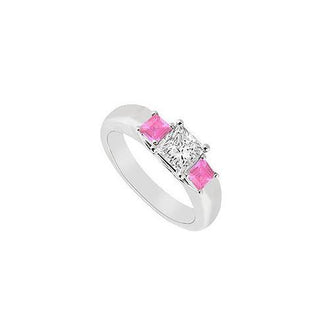 Three Stone Diamond and Pink Sapphire Ring : 14K White Gold - 0.33 CT TGW