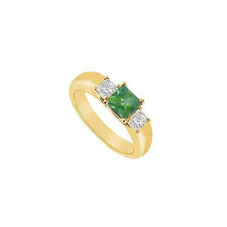 Three Stone Emerald and Diamond Ring : 14K Yellow Gold - 0.33 CT TGW