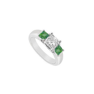 Three Stone Diamond and Emerald Ring : 14K White Gold - 0.50 CT TGW